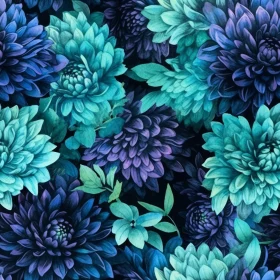 Dark Blue and Teal Chrysanthemum Seamless Pattern