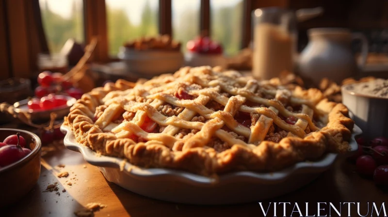 Delicious Cherry Pie on Wooden Table AI Image