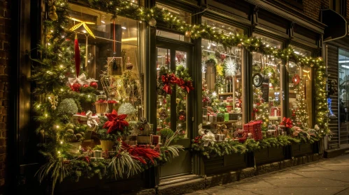 Enchanting Christmas Storefront Decorated with Lights and Ornaments