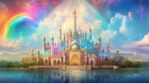Enchanting Fantasy Castle with Towers and Rainbow