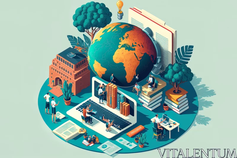 Intricate Isometric Illustration: Group of People Surrounded by Books and Globe AI Image