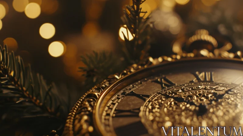 Luxurious Gold Pocket Watch with Roman Numerals and Christmas Ornaments AI Image