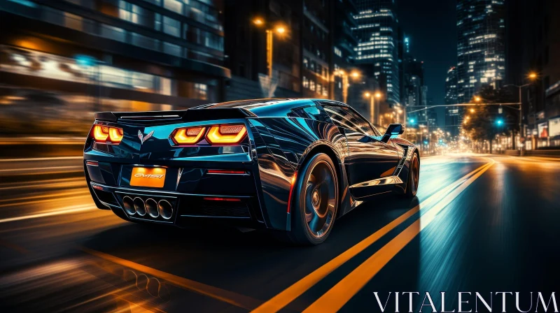 Night Drive: Black Chevrolet Corvette Stingray in Cityscape AI Image