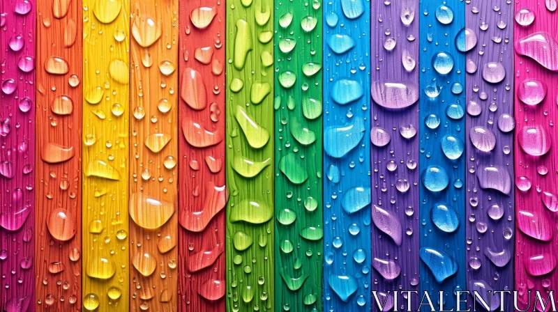 Rainbow-Colored Wooden Fence with Sparkling Water Droplets AI Image