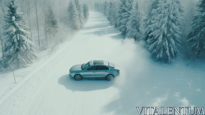 Silver Car Driving on Snowy Road - Aerial Perspective AI Image