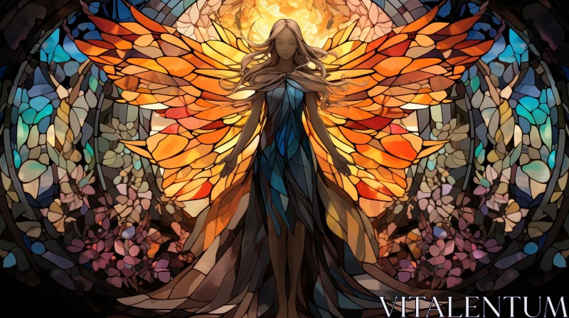 Stained Glass Window Art with Woman and Colorful Wings AI Image
