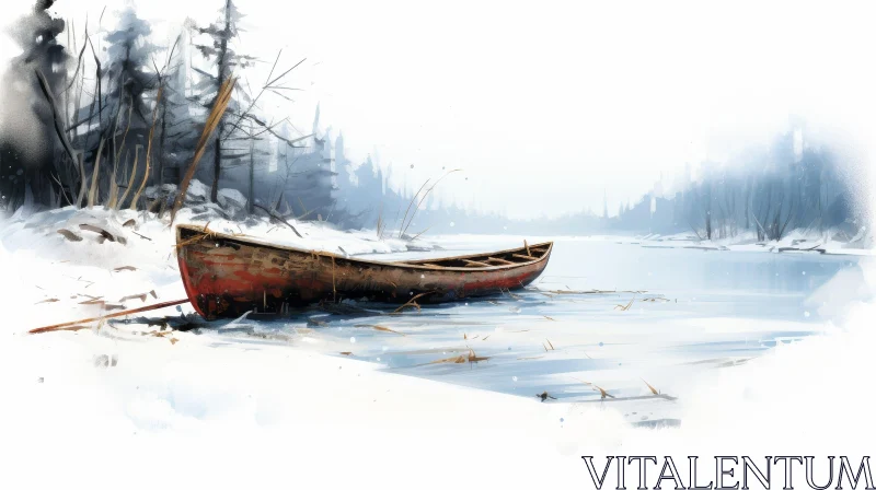 AI ART Tranquil Winter Landscape with Red Canoe on Frozen Lake