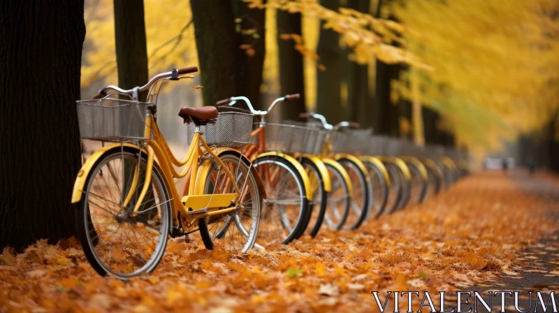 AI ART Yellow Bicycles Parked in Autumn - Nature Scene