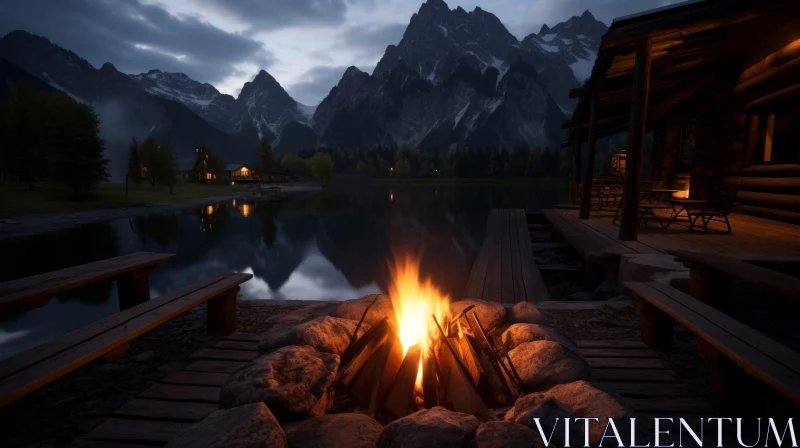 Bonfire by the Lake in the Mountains AI Image