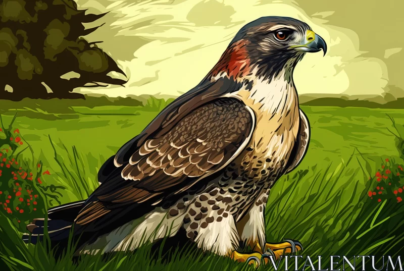 Captivating Illustration of a Hawk in Grass | Pop Art Style AI Image