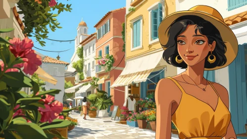 Captivating Mediterranean Town Street Scene with a Young Woman