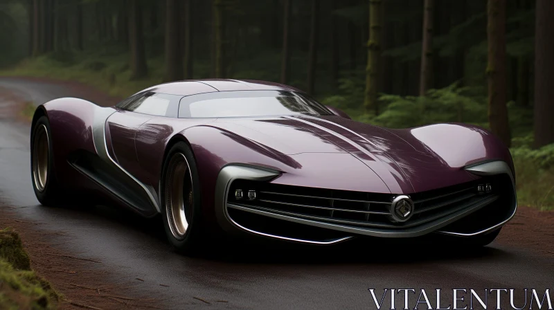 Dark Purple Futuristic Sports Car in Misty Forest AI Image