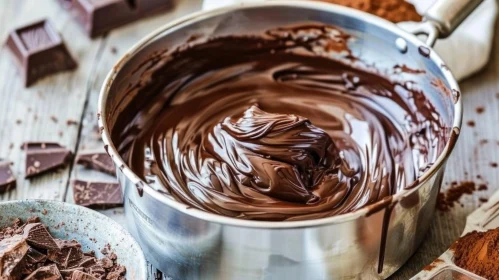 Delicious Melted Chocolate in a Metal Pot on a Wooden Table