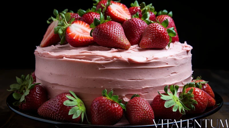 Delicious Strawberry Cake on Black Plate AI Image
