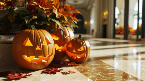 Eerie Halloween Scene with Jack-o'-Lanterns on Marble Floor