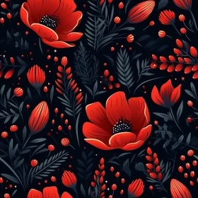 Elegant Floral Pattern with Red Poppies and Dark Blue Foliage
