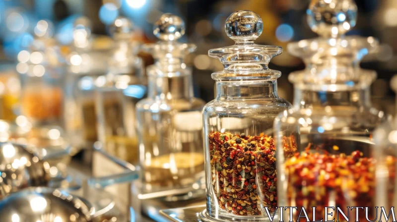 Exquisite Collection of Spices in Glass Jars on Metal Shelf AI Image
