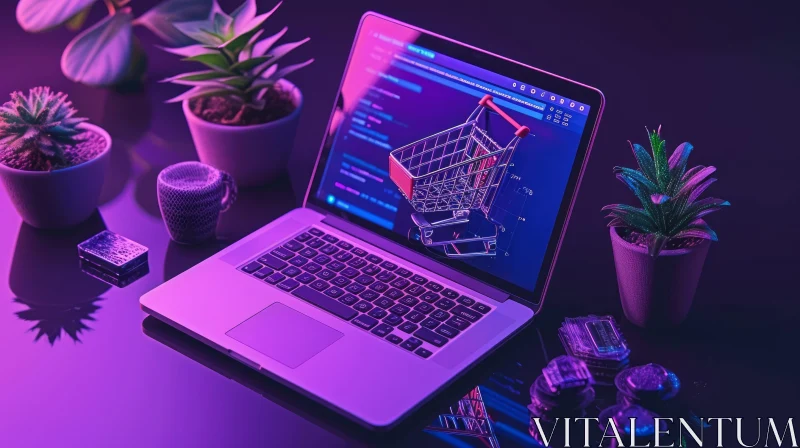 Glass Table Laptop with Shopping Cart Icon AI Image