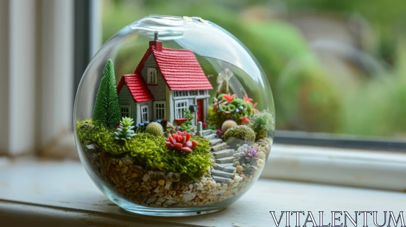 Glass Terrarium with Red-Roofed House: Unique Home Decor AI Image