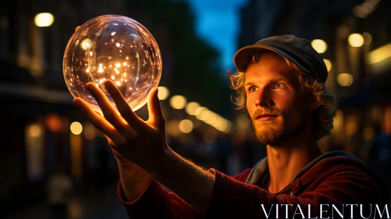 Glowing Sphere: Captivating Image of Man with Glass Orb AI Image
