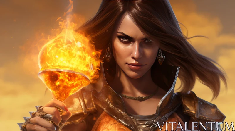 Golden Armor Woman with Fireball Portrait AI Image