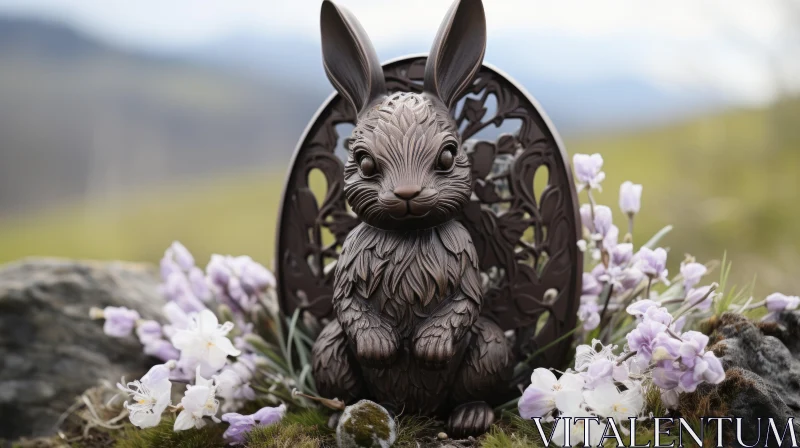Intricate Bronze Rabbit Amidst Nature and Purple Blooms AI Image