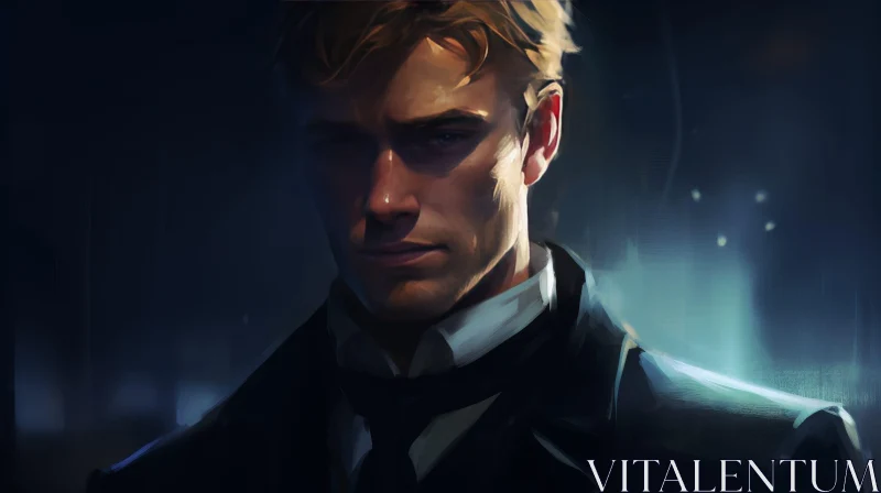 Serious Young Man Portrait in Black Suit AI Image