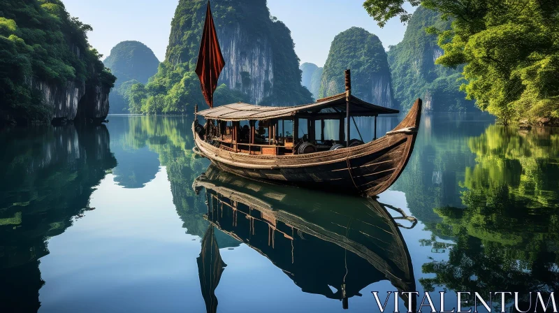 Tranquil River Boat Landscape AI Image