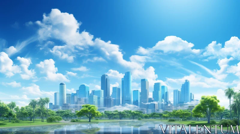 Urban Cityscape with Skyscrapers, Palm Trees, and Lake AI Image