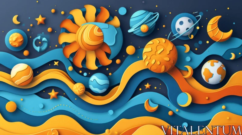 Whimsical Cartoon-style Illustration of a Solar System AI Image