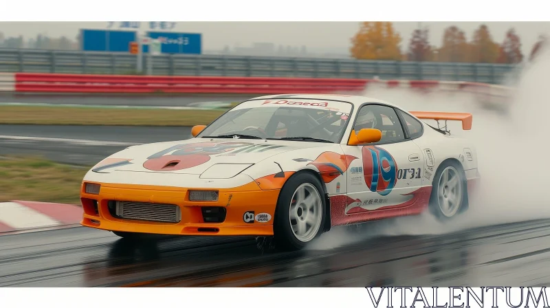 White and Orange Racing Car Drifting on Wet Track AI Image