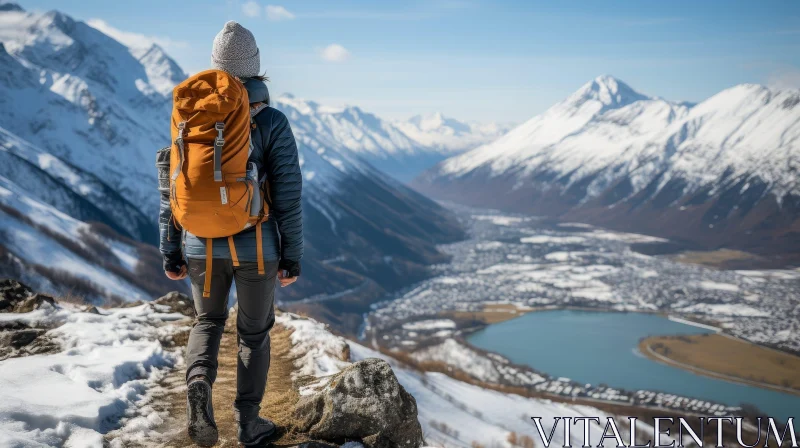 Woman on Snowy Mountaintop Looking at Valley and Lake AI Image