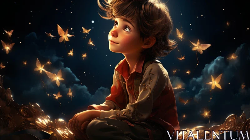 Young Boy on Crescent Moon with Butterflies AI Image
