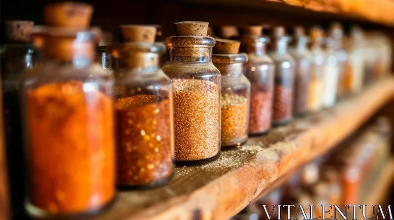Aromatic Spices in Glass Jars on a Wooden Shelf AI Image