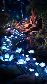 Blue Lit Flowers Along a Stream: A Luminous, Japanese-Inspired Scene