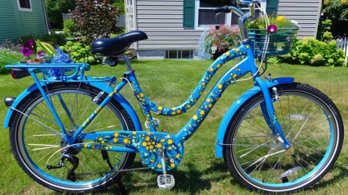 Charming Blue Bicycle Parked in Front of a Gray House