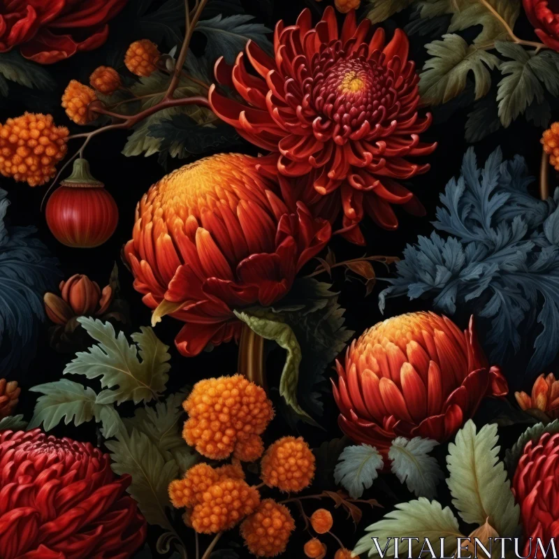 Chrysanthemum Pattern on Black Background AI Image