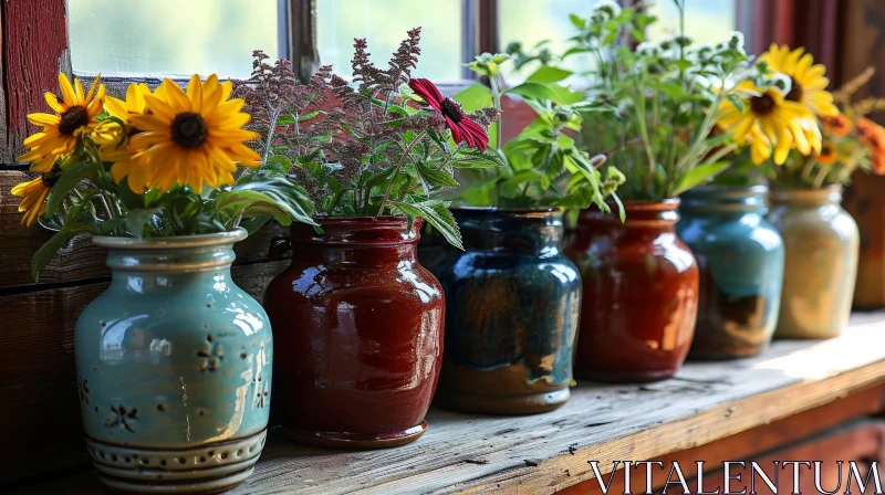 Colorful Ceramic Vases on Wooden Window Sill with Flowers AI Image