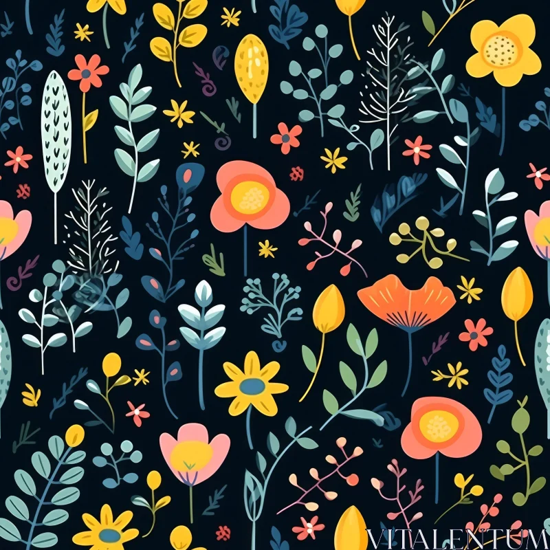 Colorful Floral Pattern on Dark Blue Background AI Image