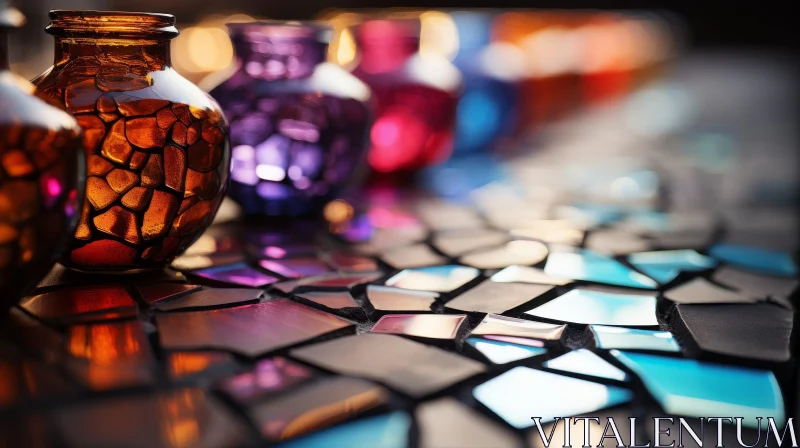 Colorful Glass Bottles Mosaic Table Close-Up AI Image