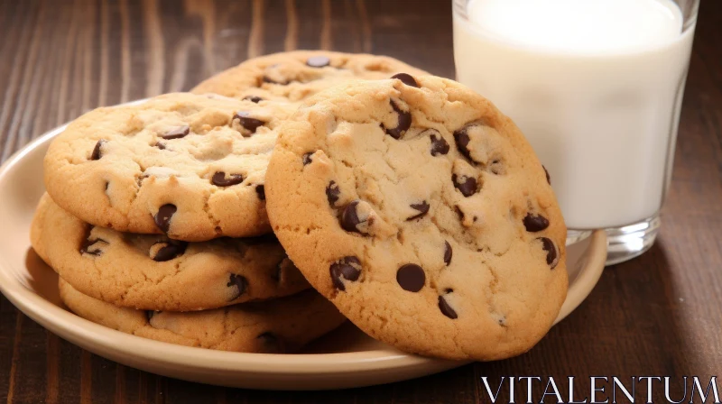 Delicious Chocolate Chip Cookies and Milk on Wooden Table AI Image
