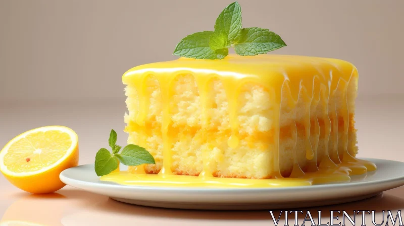 Delicious Lemon Cake Slice on White Plate AI Image