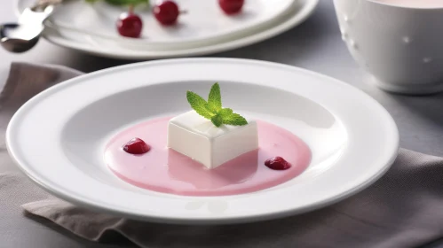 Delicious Panna Cotta Dessert with Mint and Cherries