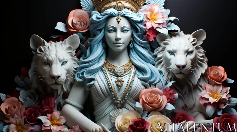 Enchanting Fantasy 3D Rendering of a Woman with Lions AI Image