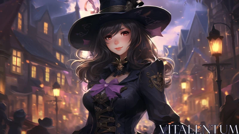 Enchanting Witch Illustration in a Dark Street AI Image