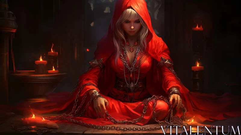 AI ART Enigmatic Woman in Red Cloak Surrounded by Candles