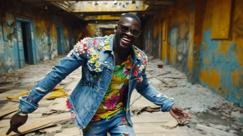 Expressive African-American Man in Colorful Floral Jacket Dancing in Urban Ruins