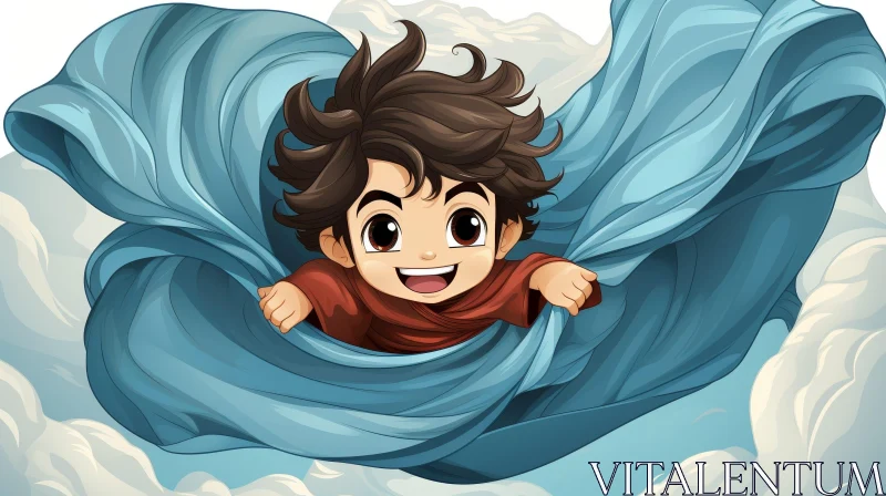 Joyful Boy Flying in Sky - Cartoon Illustration AI Image