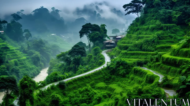AI ART Majestic Valley Landscape: Greenery, River, and Mist