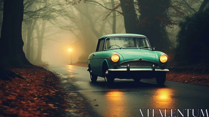 Misty Forest Drive: Retro Car on Wet Road AI Image
